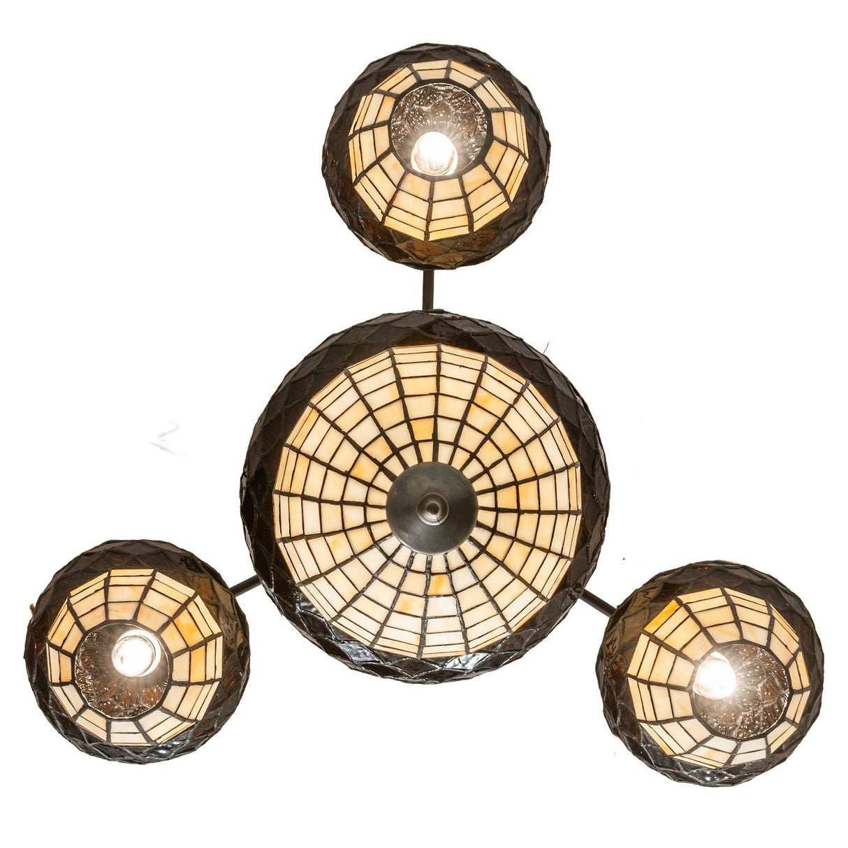Bottom view of Acorn 4-light chandelier showing full shade layout and warm glow.