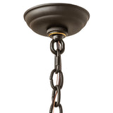 Closeup of chandelier canopy and hanging chain in oil rubbed bronze finish.