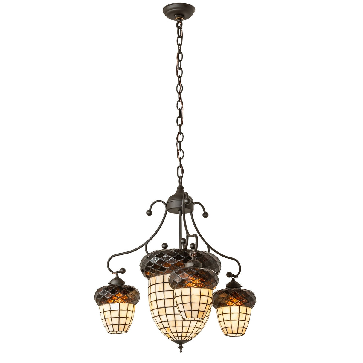 Full view of Acorn 4-light chandelier with acorn art glass shades and chain mount.