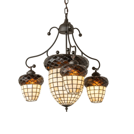 Lit view of Acorn 4-light chandelier with autumn beige art glass acorn shades.