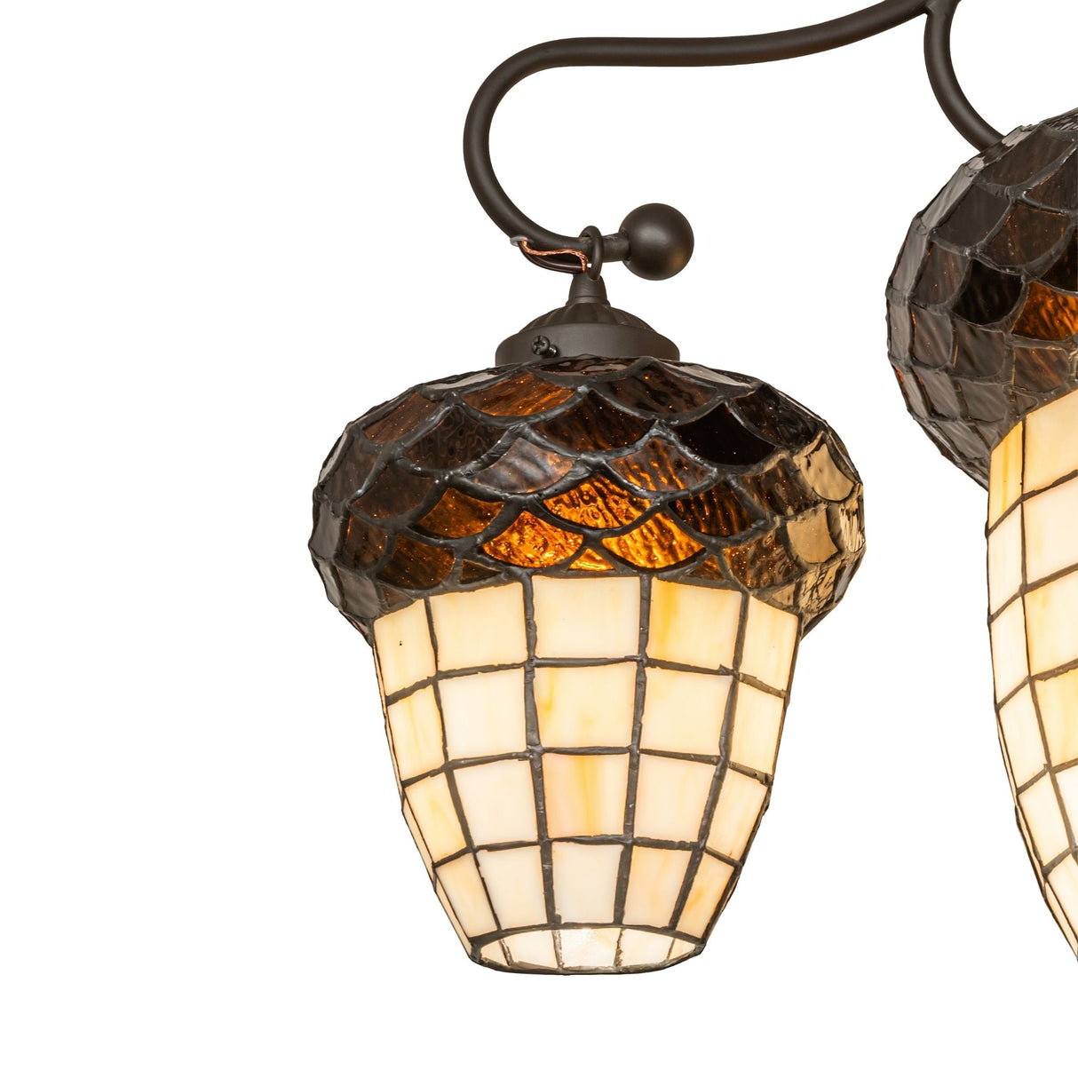 Closeup of acorn shade with autumn beige glass and bark brown trim.