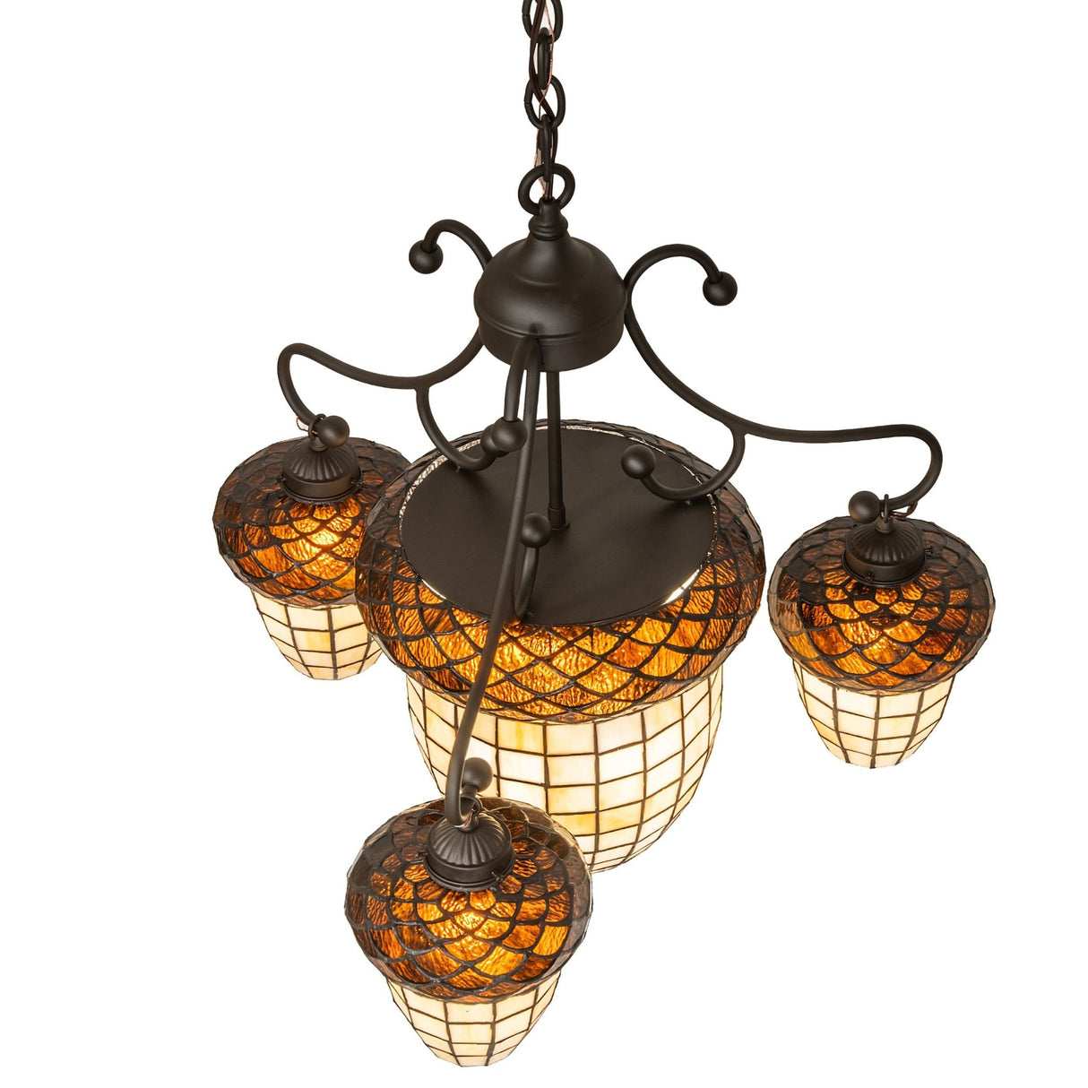 Top view of Acorn 4-light chandelier showing curved arms and acorn glass shades.