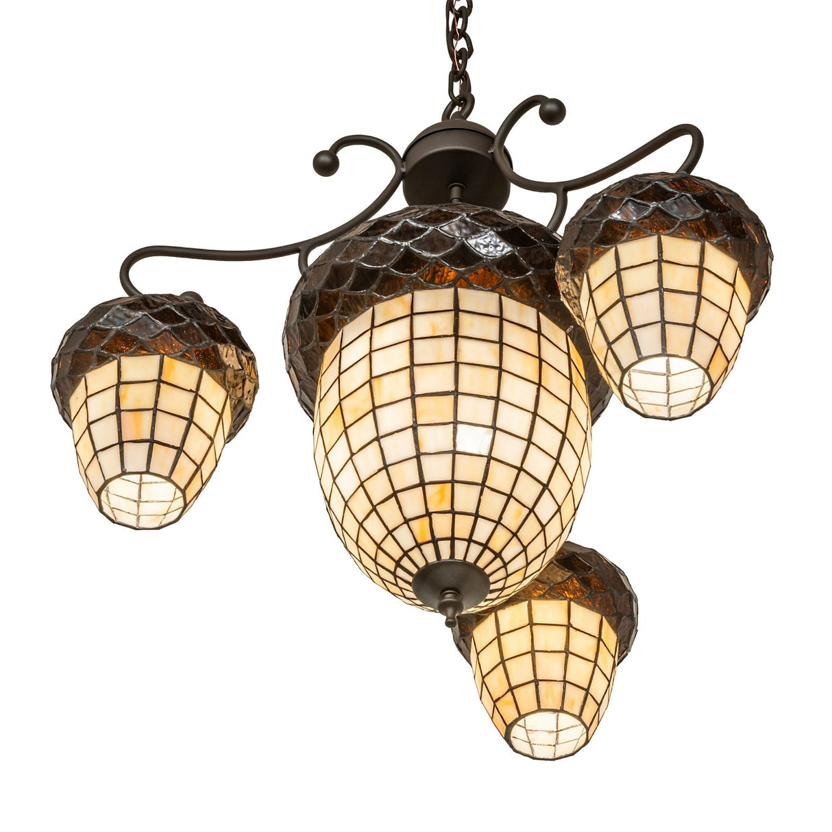 Underside angled view of Acorn 4-light chandelier showing stained glass shade bottoms.