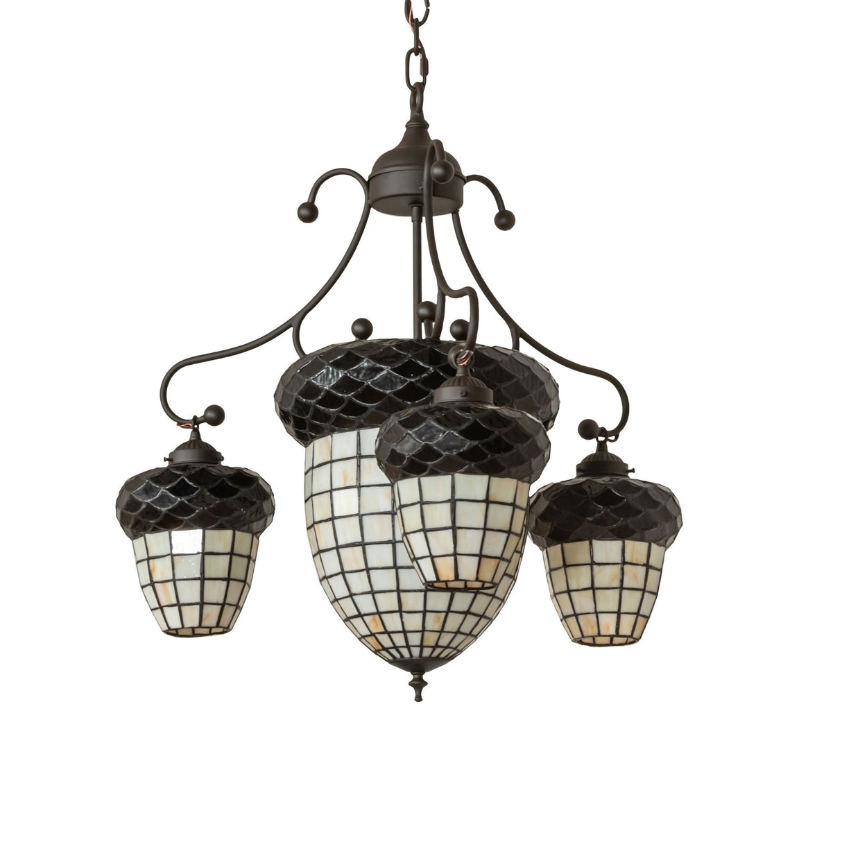 Unlit view of Acorn 4-light chandelier featuring bark brown scalloped trim and art glass.
