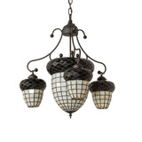 Unlit view of Acorn 4-light chandelier featuring bark brown scalloped trim and art glass.