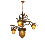 Lit view of acorn 4 light chandelier with stained glass acorn shades.