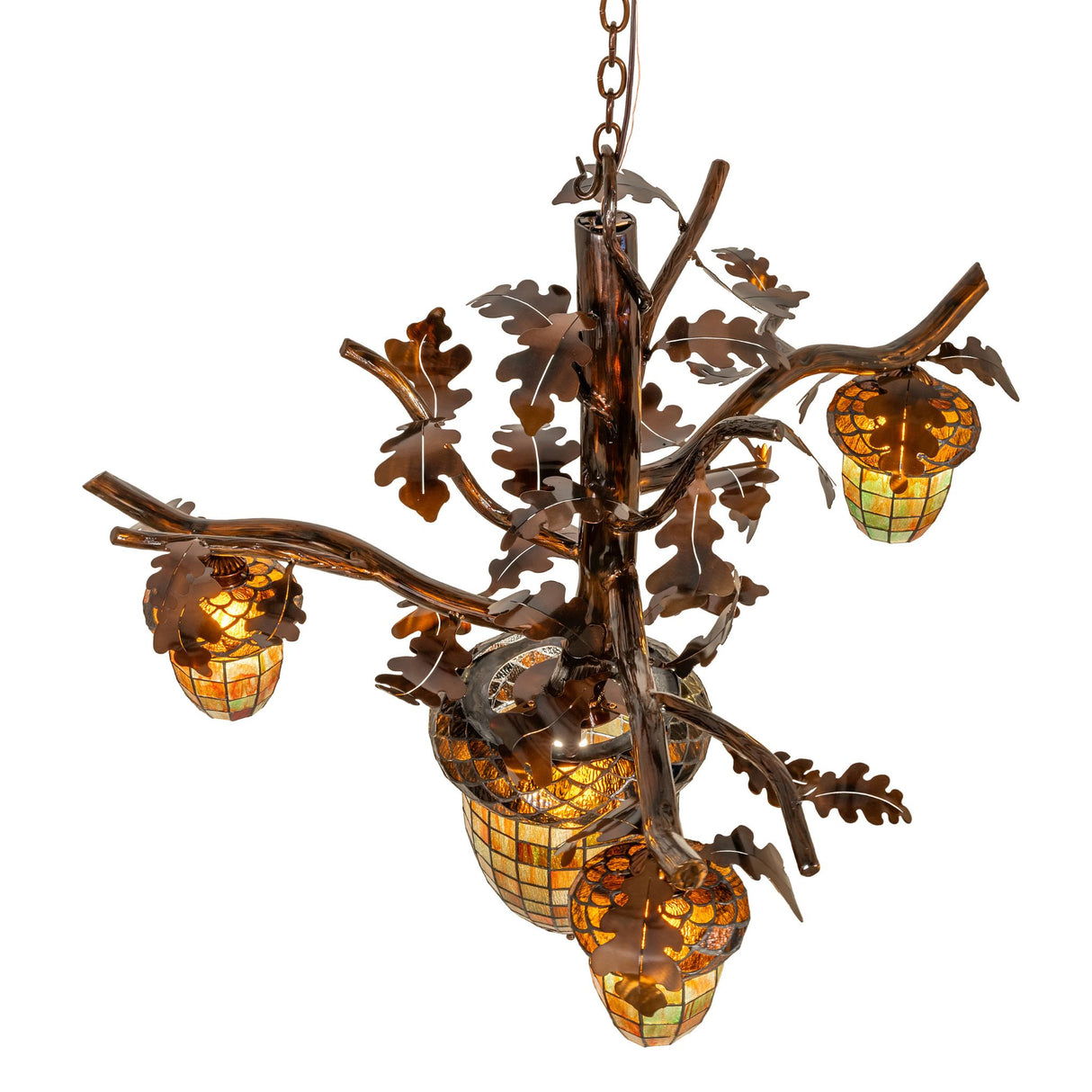 Top angled view highlighting glass acorn shades and branch form.