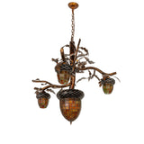 Unlit view of acorn 4 light chandelier showing true stained glass colors.
