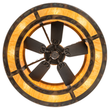 Bottom view perspective showing fan blades within amber light surround.