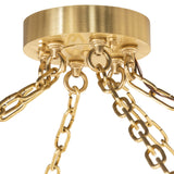 Close-up of brushed brass chandelier canopy with hanging chain links.