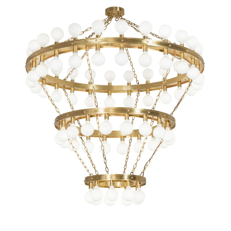 Albion 75-light chandelier illuminated with glowing globe bulbs and brass rings.