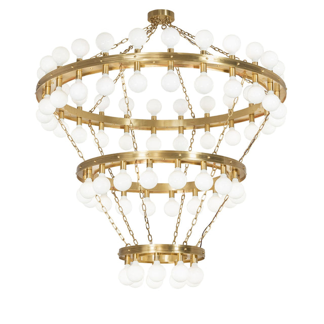 Albion 75-light chandelier illuminated with glowing globe bulbs and brass rings.