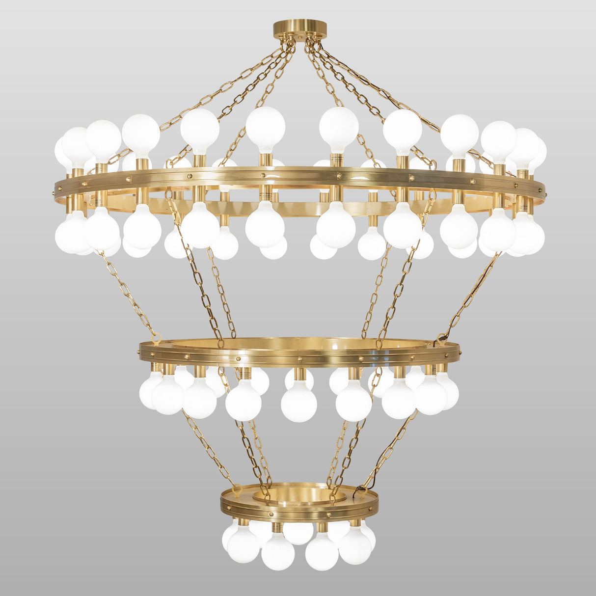 Albion chandelier side view highlighting three-tier ring structure.