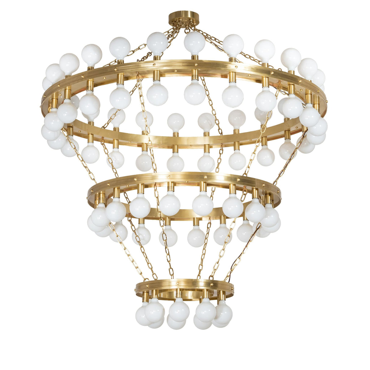 Unlit view of 75-light chandelier with brushed brass rings and white globe bulbs.