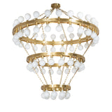 Unlit view of 75-light chandelier with brushed brass rings and white globe bulbs.