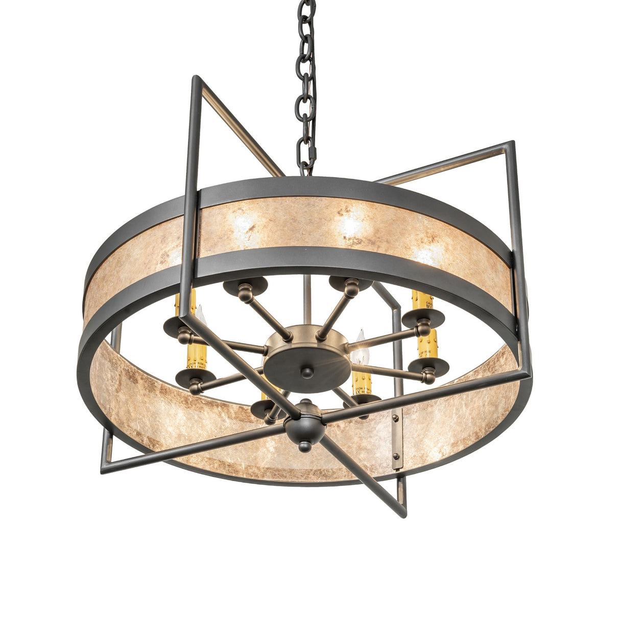Angled bottom view of Aldari chandelier highlighting candle layout and center hub.