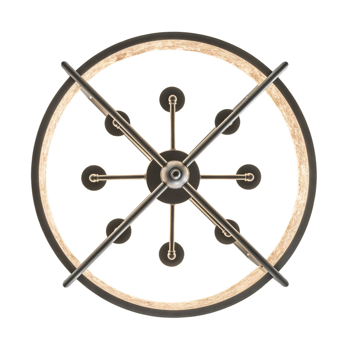 Bottom view of Aldari chandelier showing symmetrical candle arm arrangement.