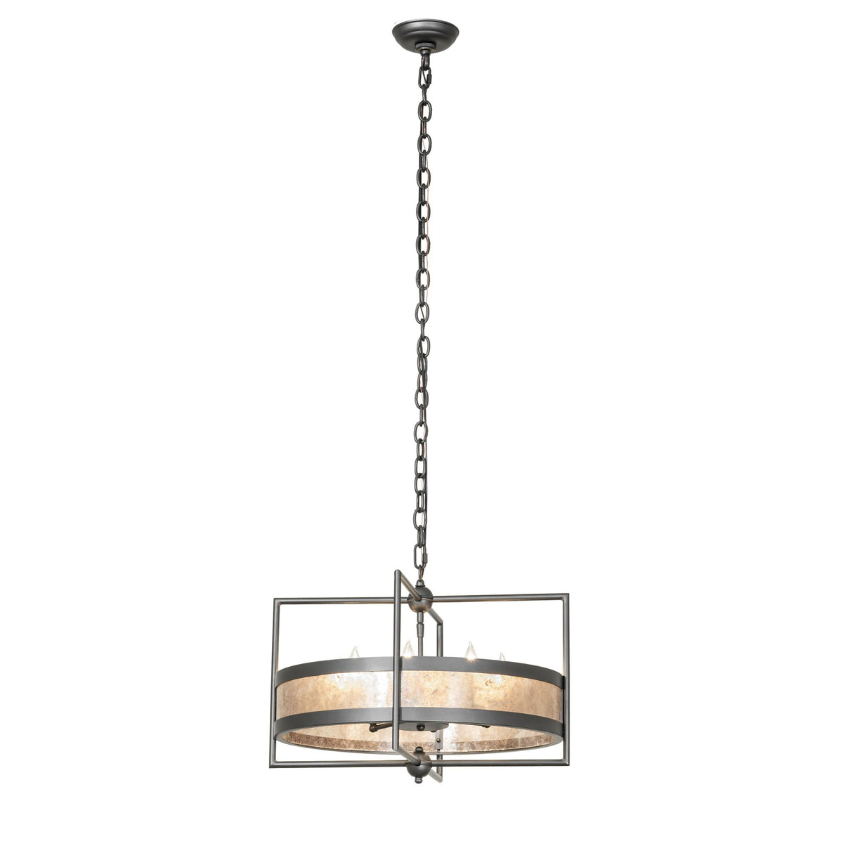 Full view of chandelier featuring metal outer frame, drum shade, and chain suspension.