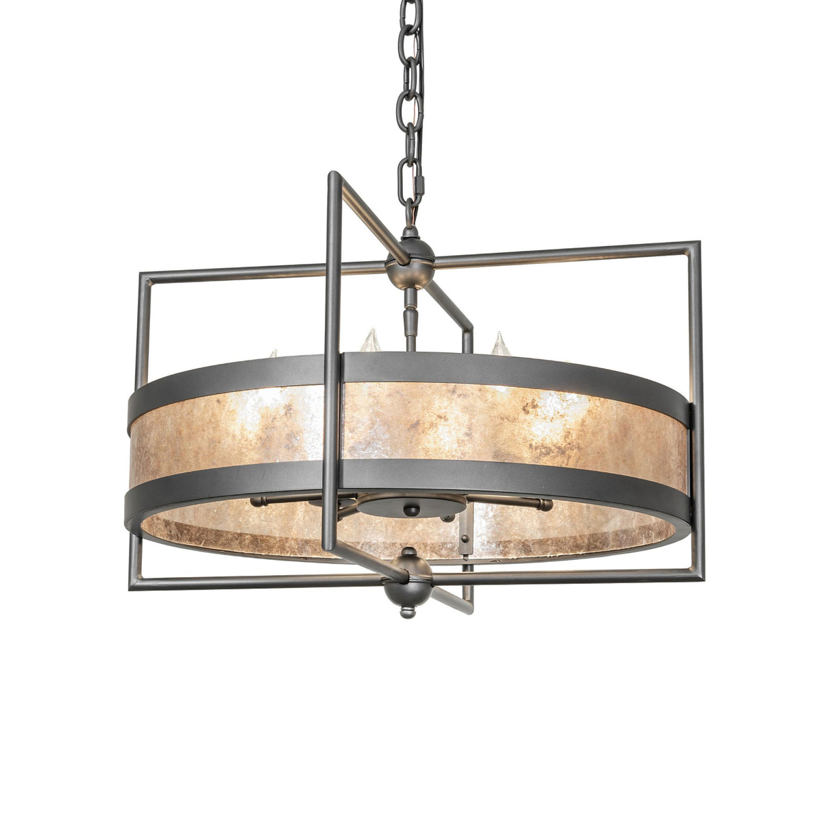 Lit view of Aldari 8 light chandelier with faux candle bulbs and wrought iron geometric frame.