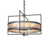 Lit view of Aldari 8 light chandelier with faux candle bulbs and wrought iron geometric frame.