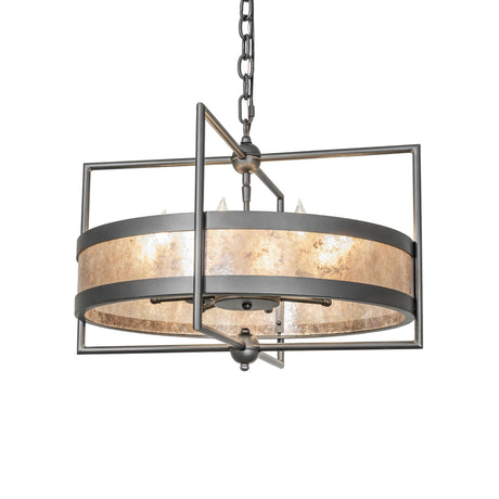 Lit view of Aldari 8 light chandelier with faux candle bulbs and wrought iron geometric frame.