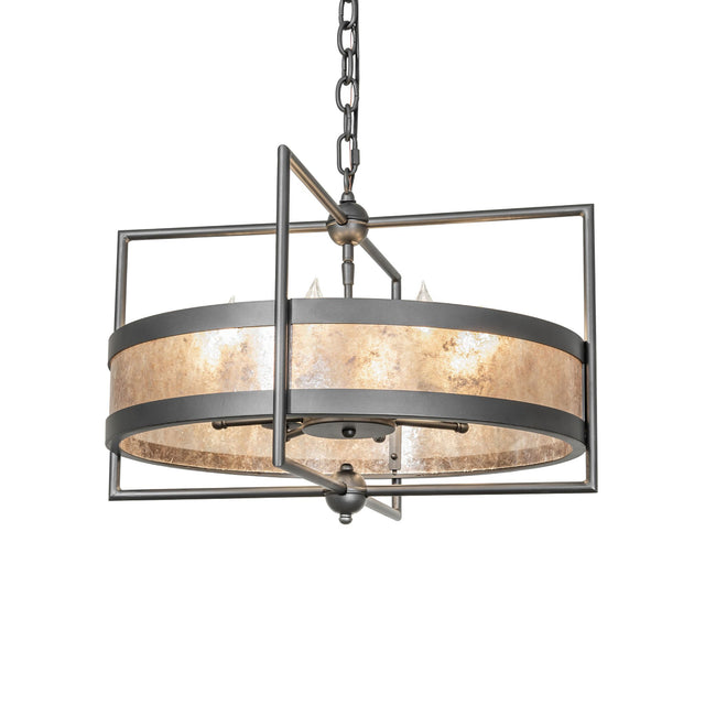 Lit view of Aldari 8 light chandelier with faux candle bulbs and wrought iron geometric frame.