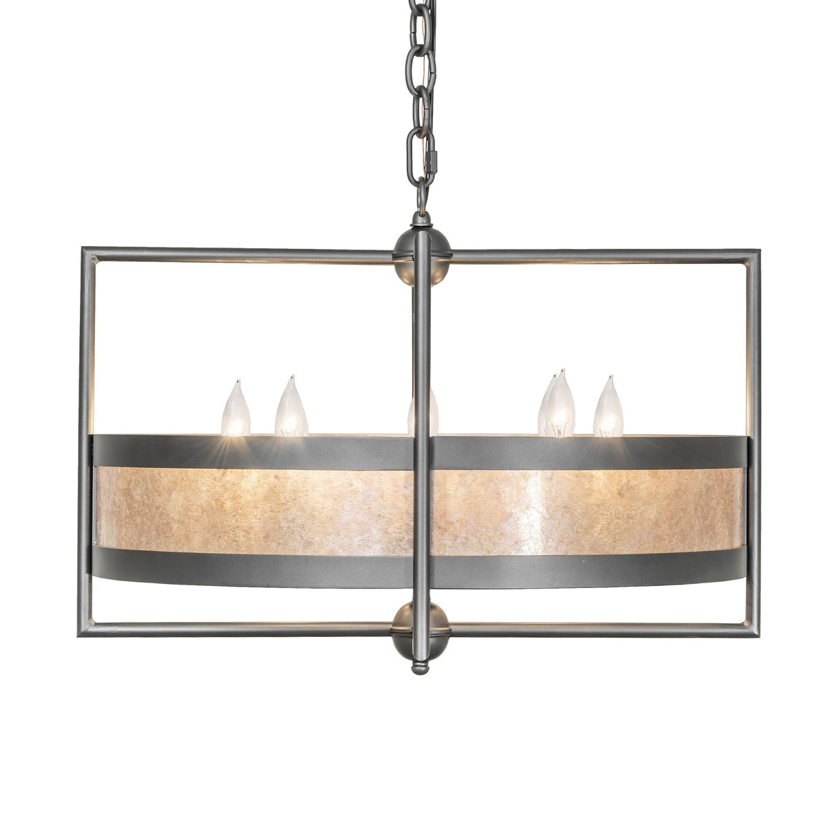 Side profile of Aldari chandelier with layered ring shade and rectangular frame.