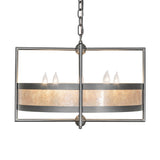 Side profile of Aldari chandelier with layered ring shade and rectangular frame.