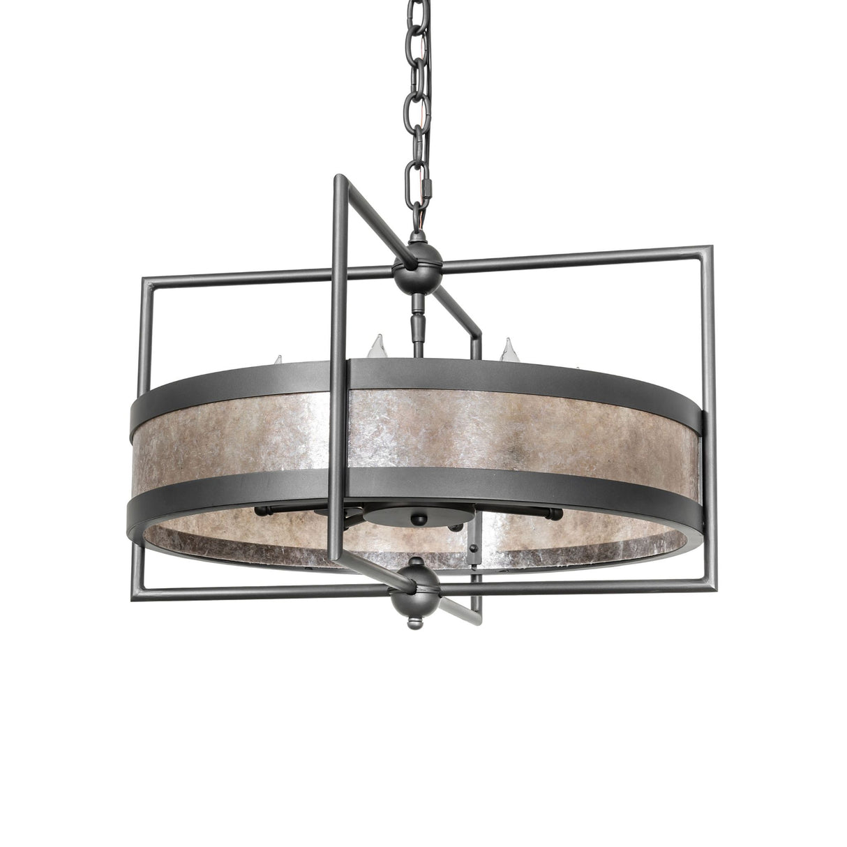 Unlit view of Aldari chandelier showing circular ring shade and industrial metal framework.