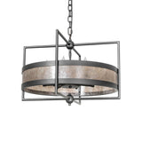 Unlit view of Aldari chandelier showing circular ring shade and industrial metal framework.