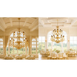 Alexandria Spanish gold chandelier installed in grand interior space.