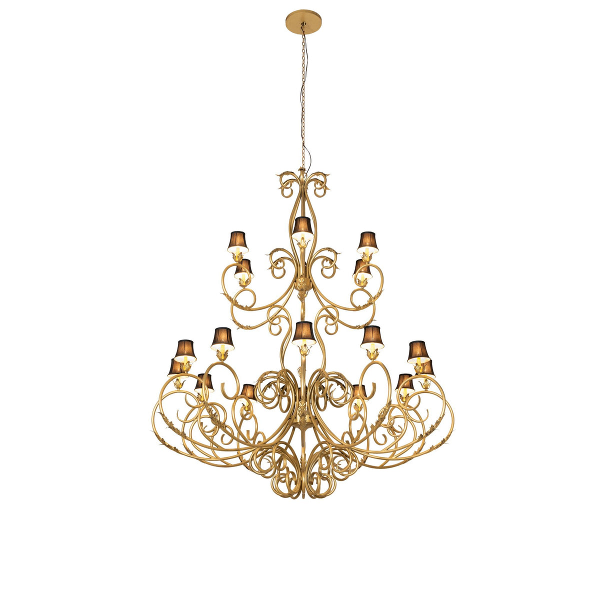 Full view of Alexandria 18-light two-tier chandelier in Spanish gold.