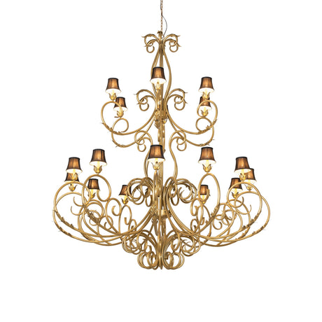 Alexandria 18-light Spanish gold two-tier chandelier illuminated view.