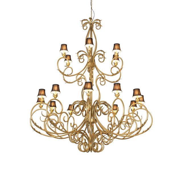 Alexandria 18-light Spanish gold two-tier chandelier illuminated view.
