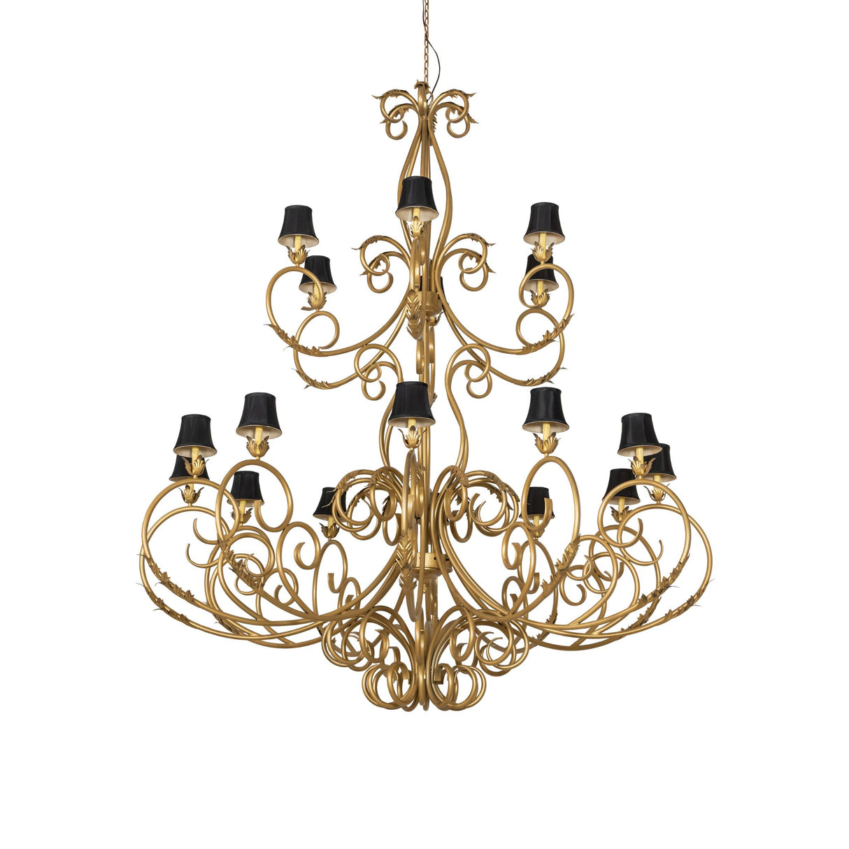 Unlit view of Alexandria chandelier with black trumpet shades.