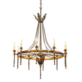 Amaury chandelier illuminated with ten faux candlelights and gold ring frame.