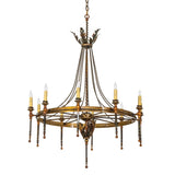 Amaury chandelier shown unlit highlighting burnished gold finish.