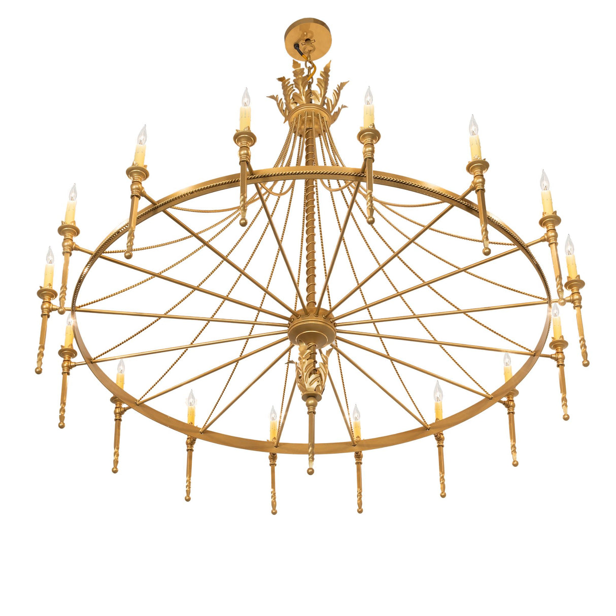 Bottom angle view of chandelier highlighting radial spokes, circular symmetry, and candle-style lights.