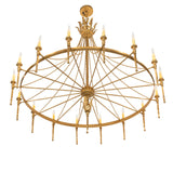 Bottom angle view of chandelier highlighting radial spokes, circular symmetry, and candle-style lights.