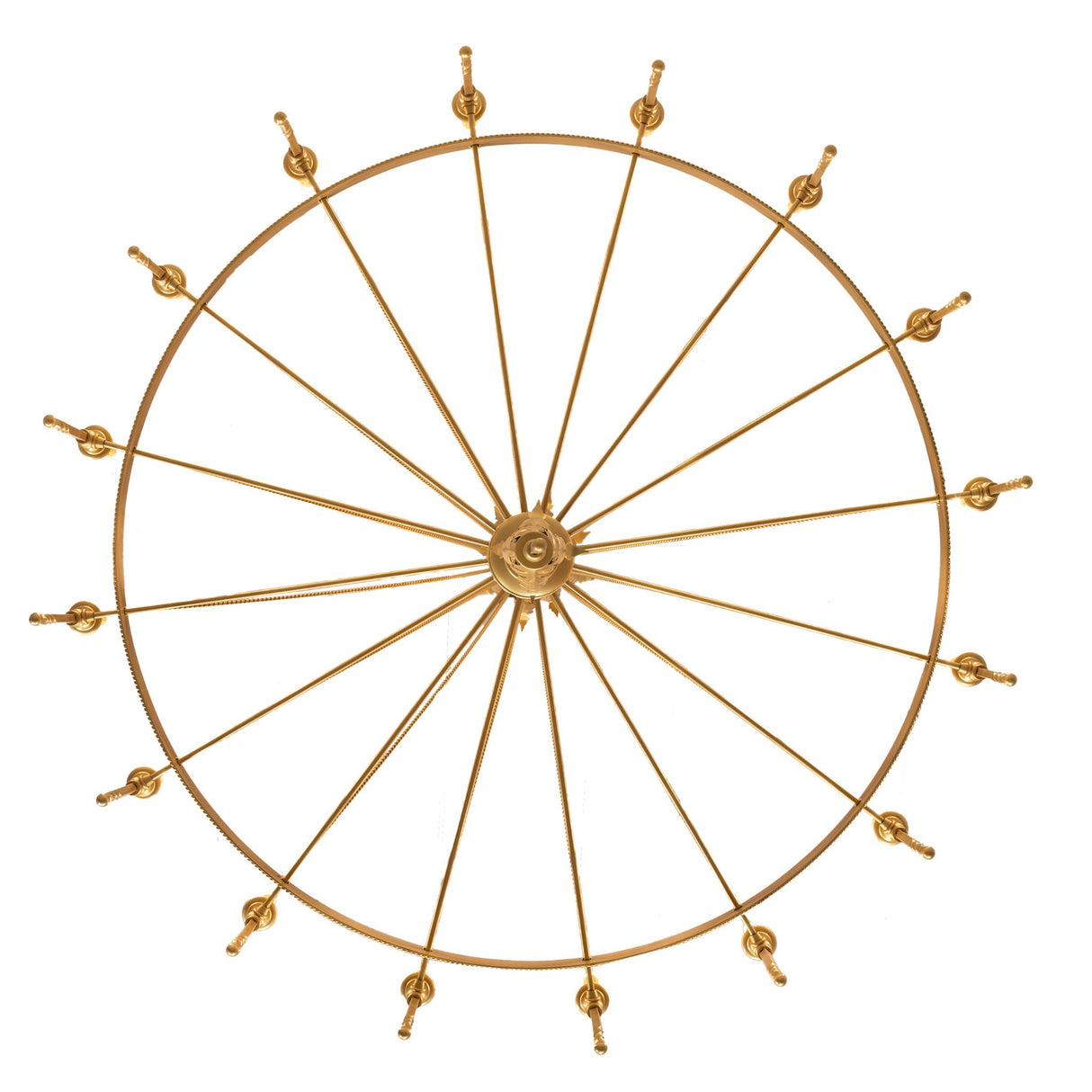 Bottom view of chandelier revealing circular structure, radial spokes, and center detailing.