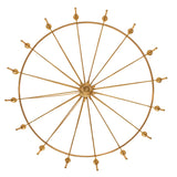 Bottom view of chandelier revealing circular structure, radial spokes, and center detailing.