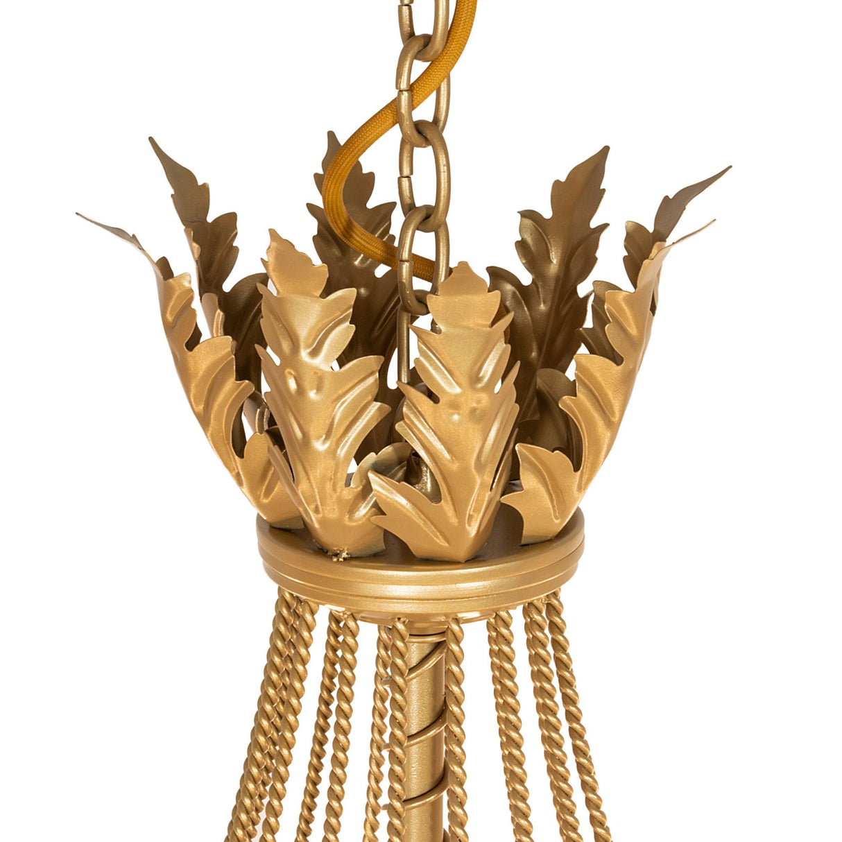 Detail view of gold chain and upper crown element supporting the chandelier.