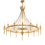 Lit view of 16-light chandelier in gold finish, candle-style bulbs creating a warm, elegant glow.