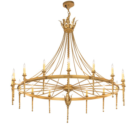 Lit view of 16-light chandelier in gold finish, candle-style bulbs creating a warm, elegant glow.