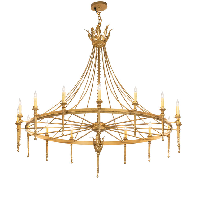 Lit view of 16-light chandelier in gold finish, candle-style bulbs creating a warm, elegant glow.