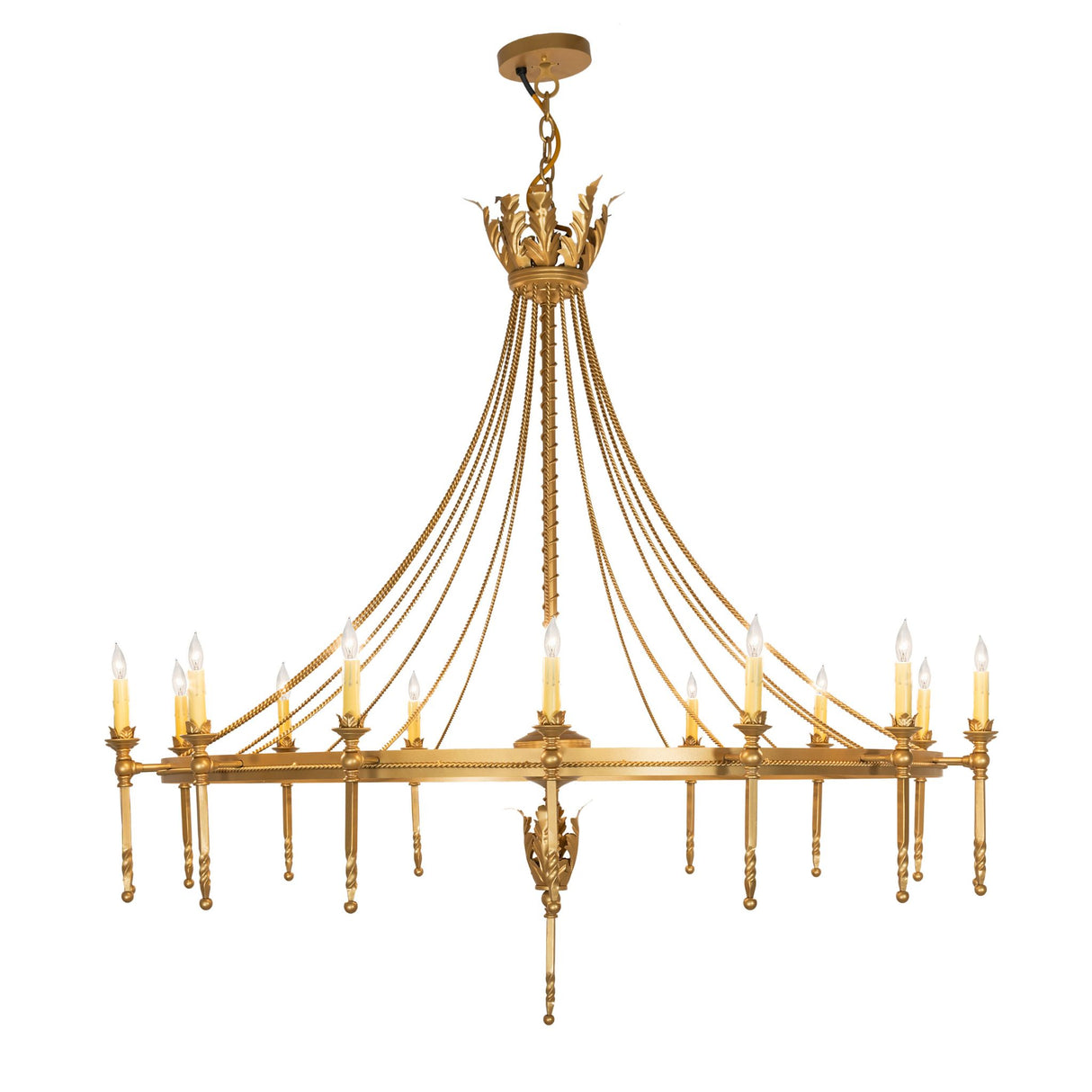 Side angle view of chandelier showing layered chains, radial spokes, and sculpted detailing.