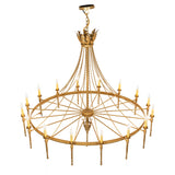 Top angle view of chandelier showing crown detail, suspension chains, and circular frame.