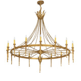 Unlit view of Amaury 16-light chandelier highlighting gold circular frame, chains, and candle holders.