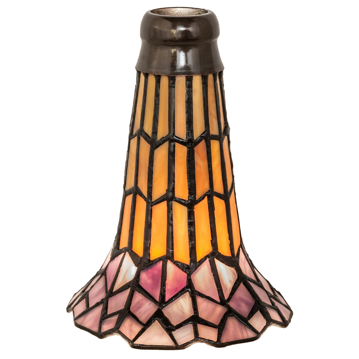 Amber and Pink Pond Lily stained glass shade illuminated, highlighting vibrant colors.
