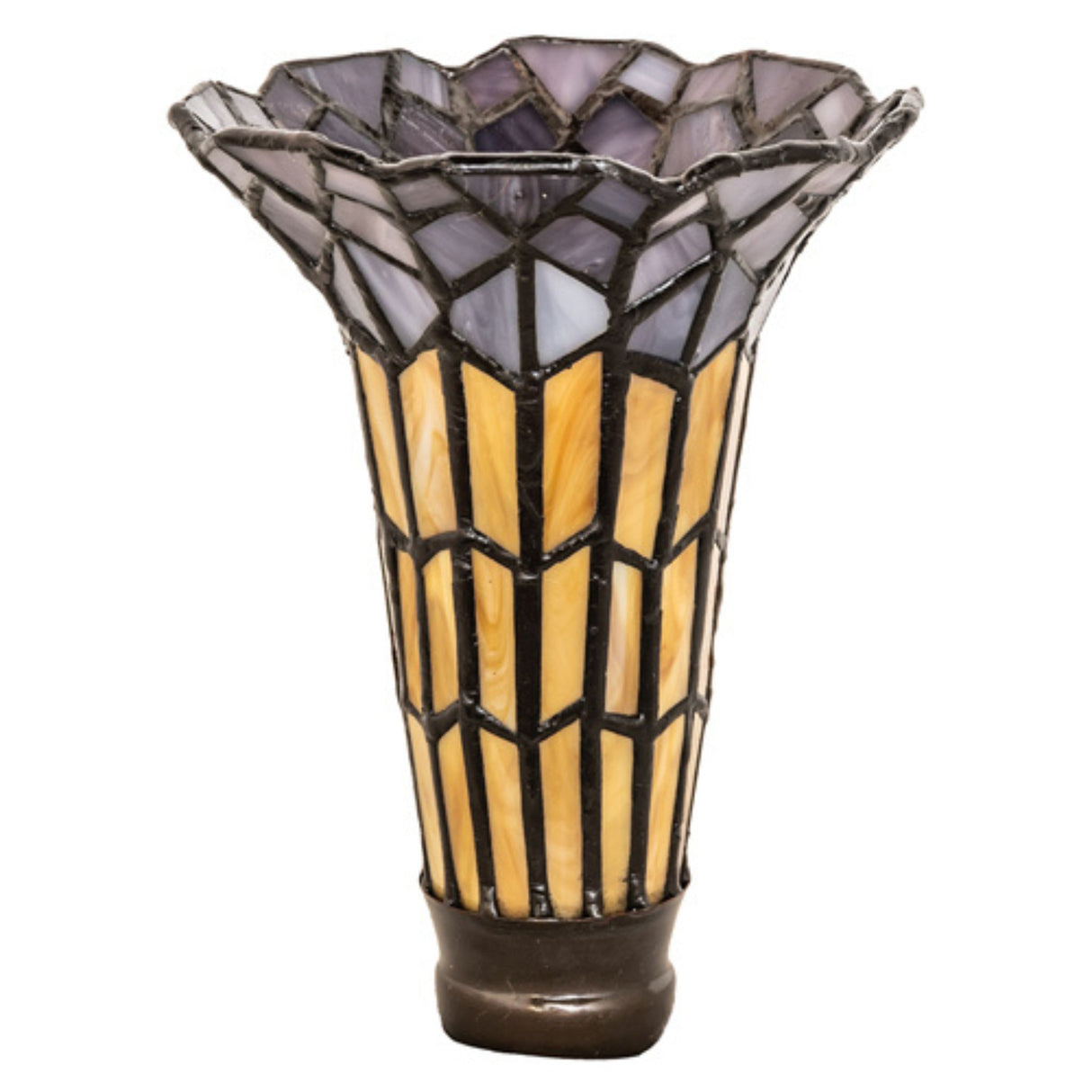 Side view of the Amber and Pink Pond Lily stained glass shade with intricate patterns.
